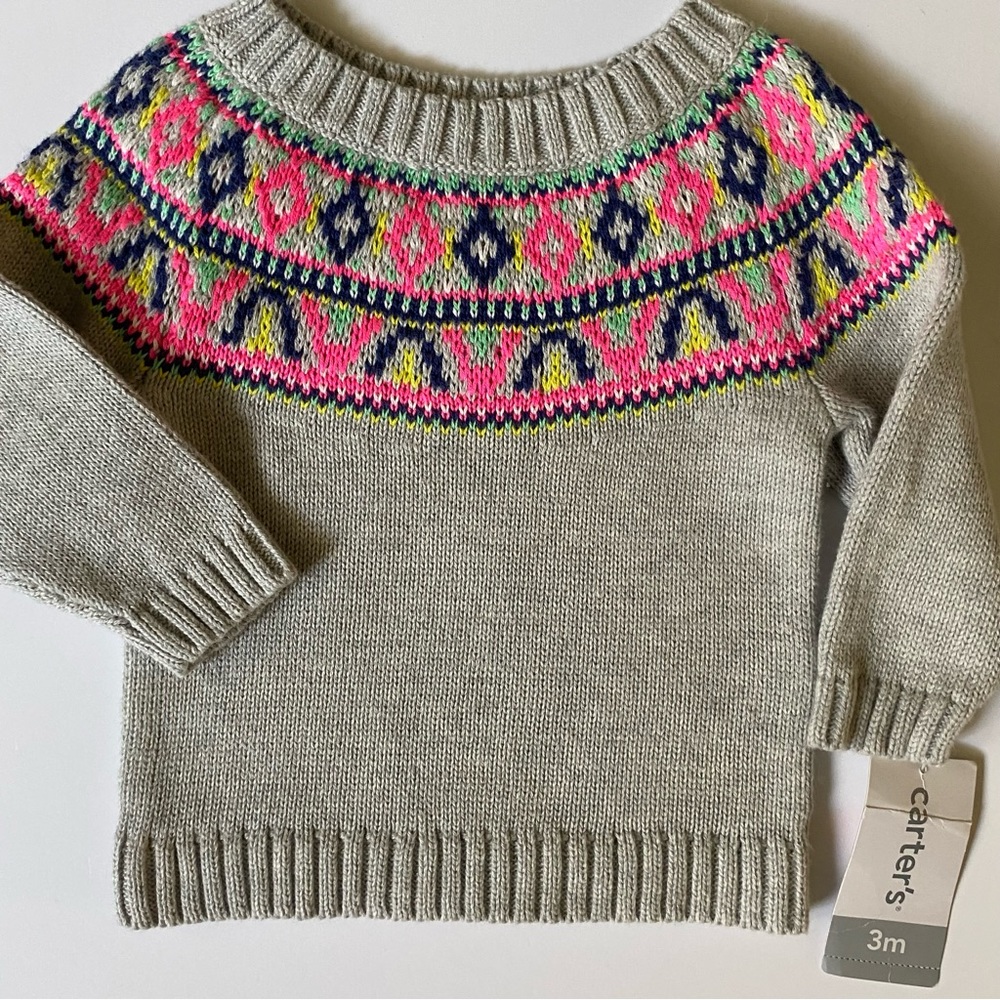 Girls's Sweater size 3 months NWT new knit Fair aisle baby gray pink blue